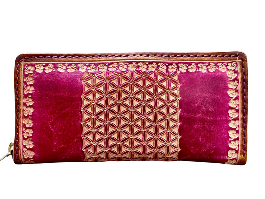 "Flower of life" nature inspired leather zip long wallet purse