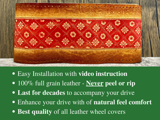 Hand tooled custom leather steering wheel cover - nature inspired