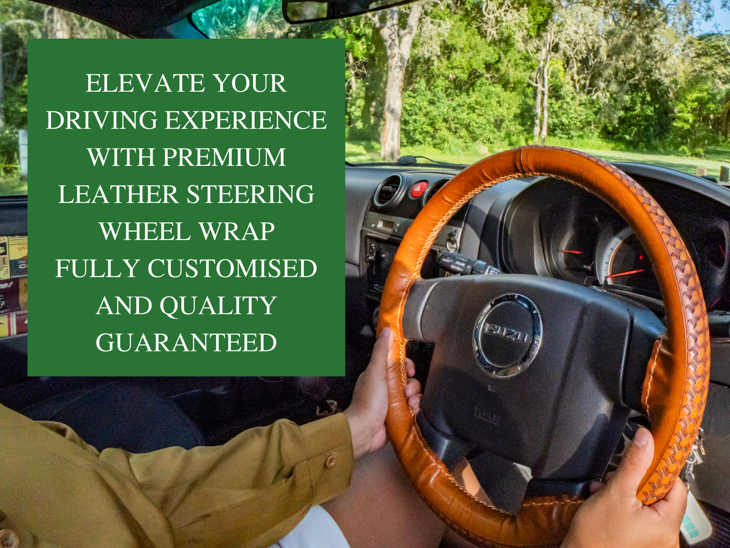 Hand tooled custom leather steering wheel cover - Basketweave