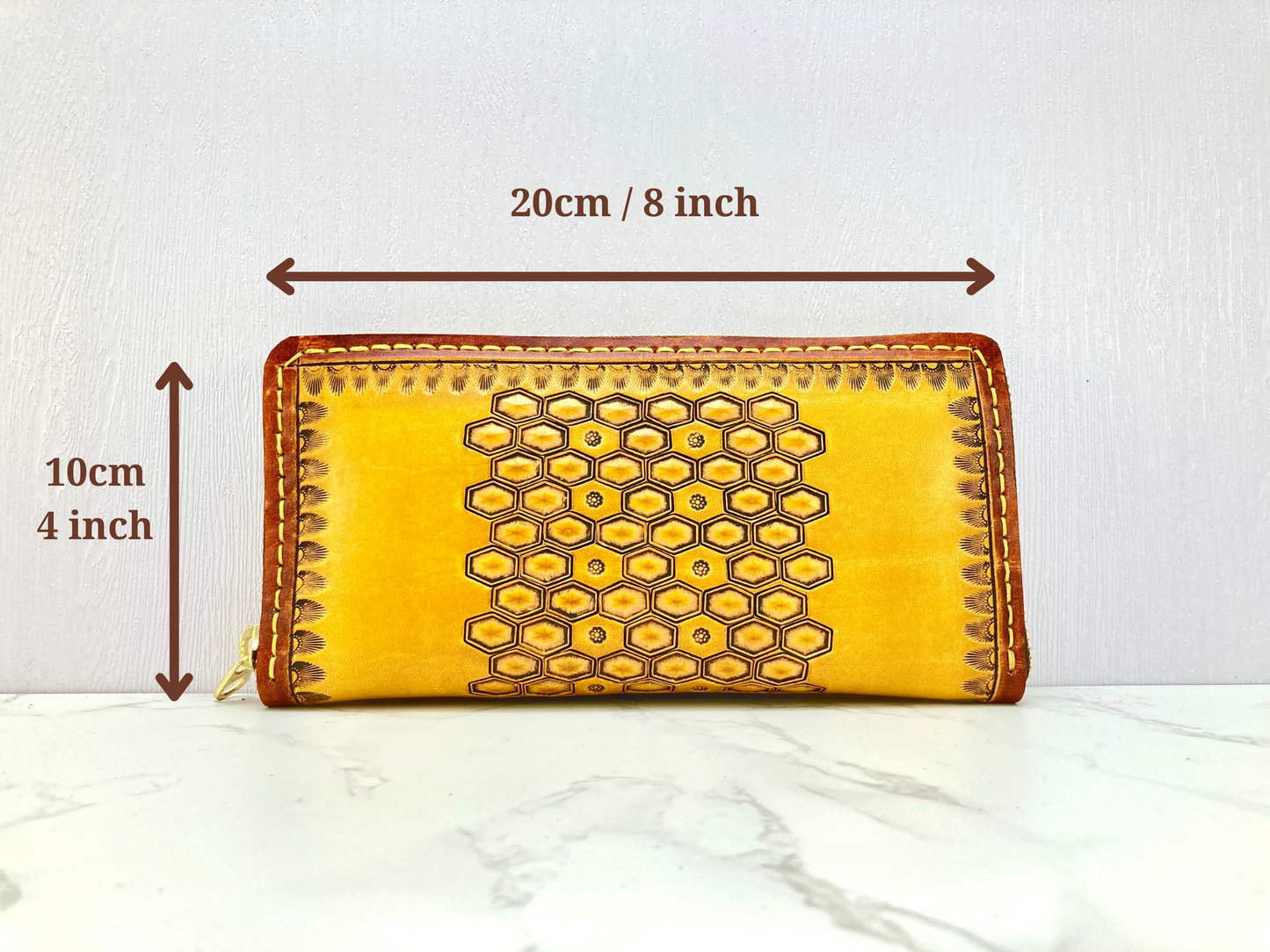 "Bee hive Summer" nature inspired round zip leather long wallet purse