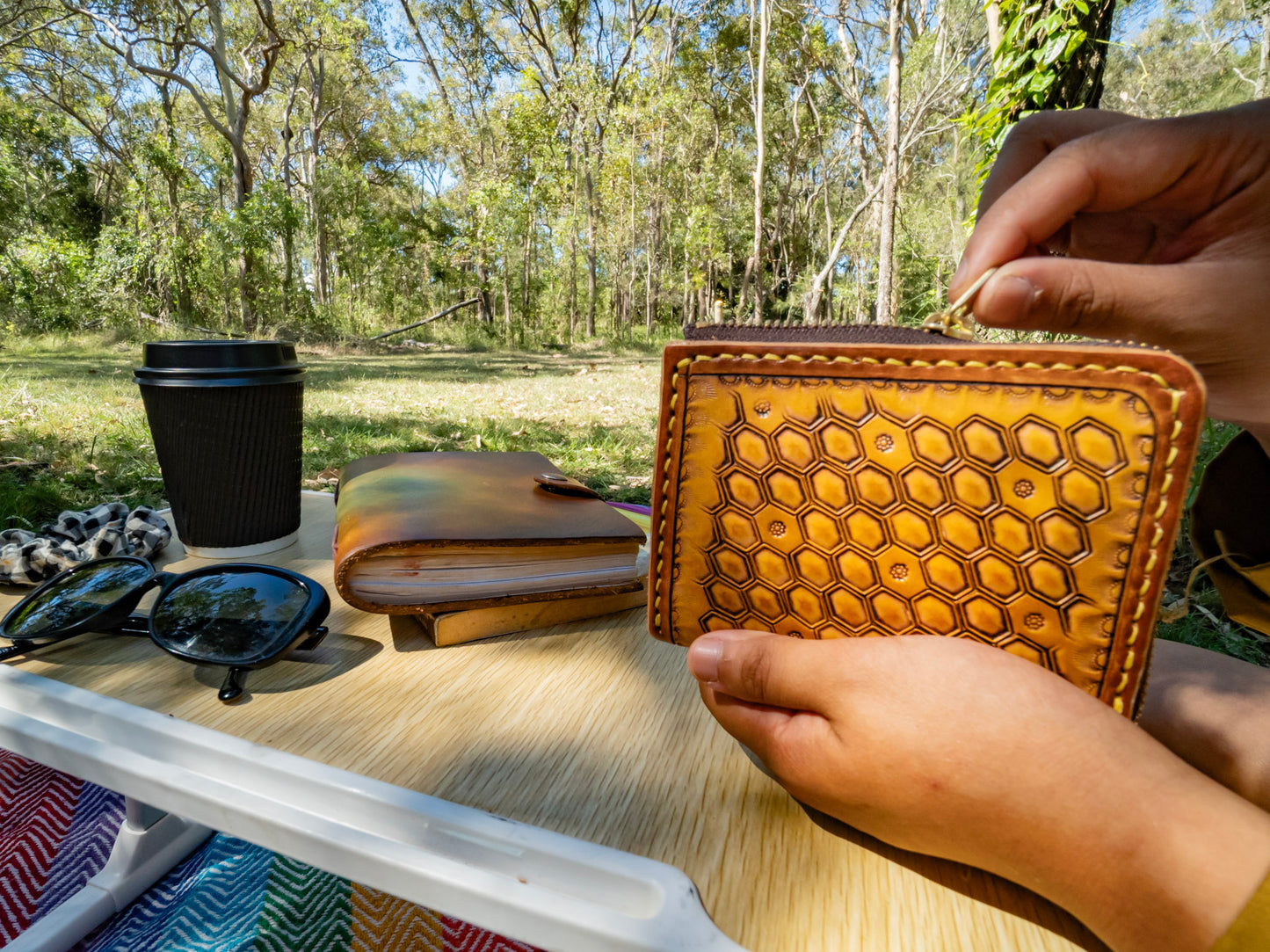 "Bee Hive Summer" Nature inspired leather zip wallet