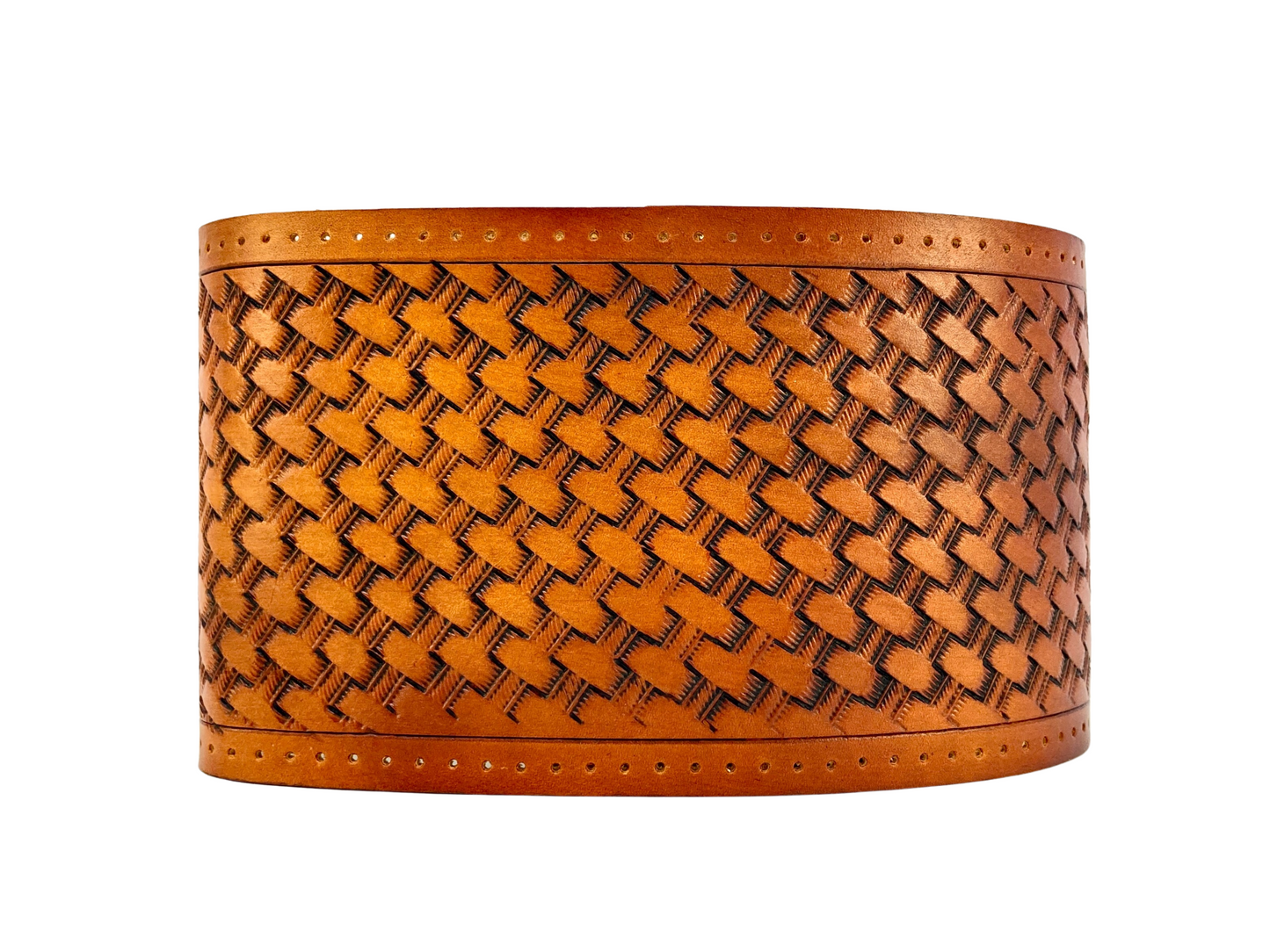 Hand tooled custom leather steering wheel cover - Basketweave