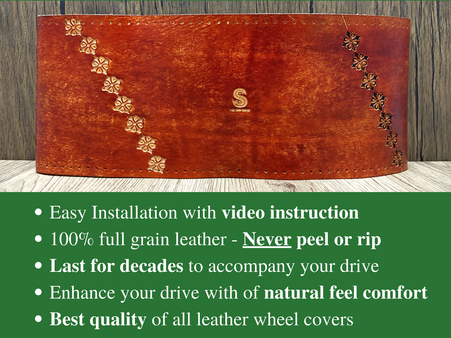Hand tooled custom leather steering wheel cover - Diamond