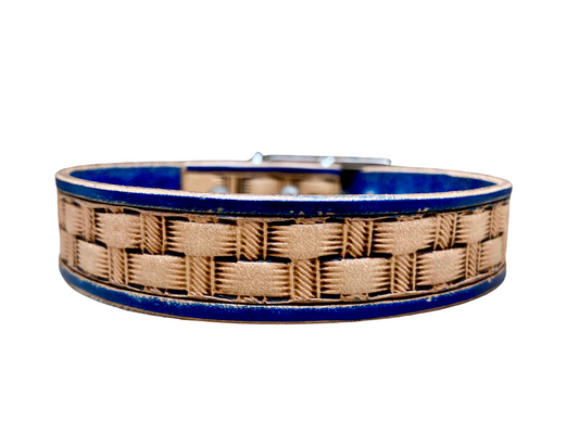 "Basket Weave" Hand carved narrow dog collar - Small - Medium