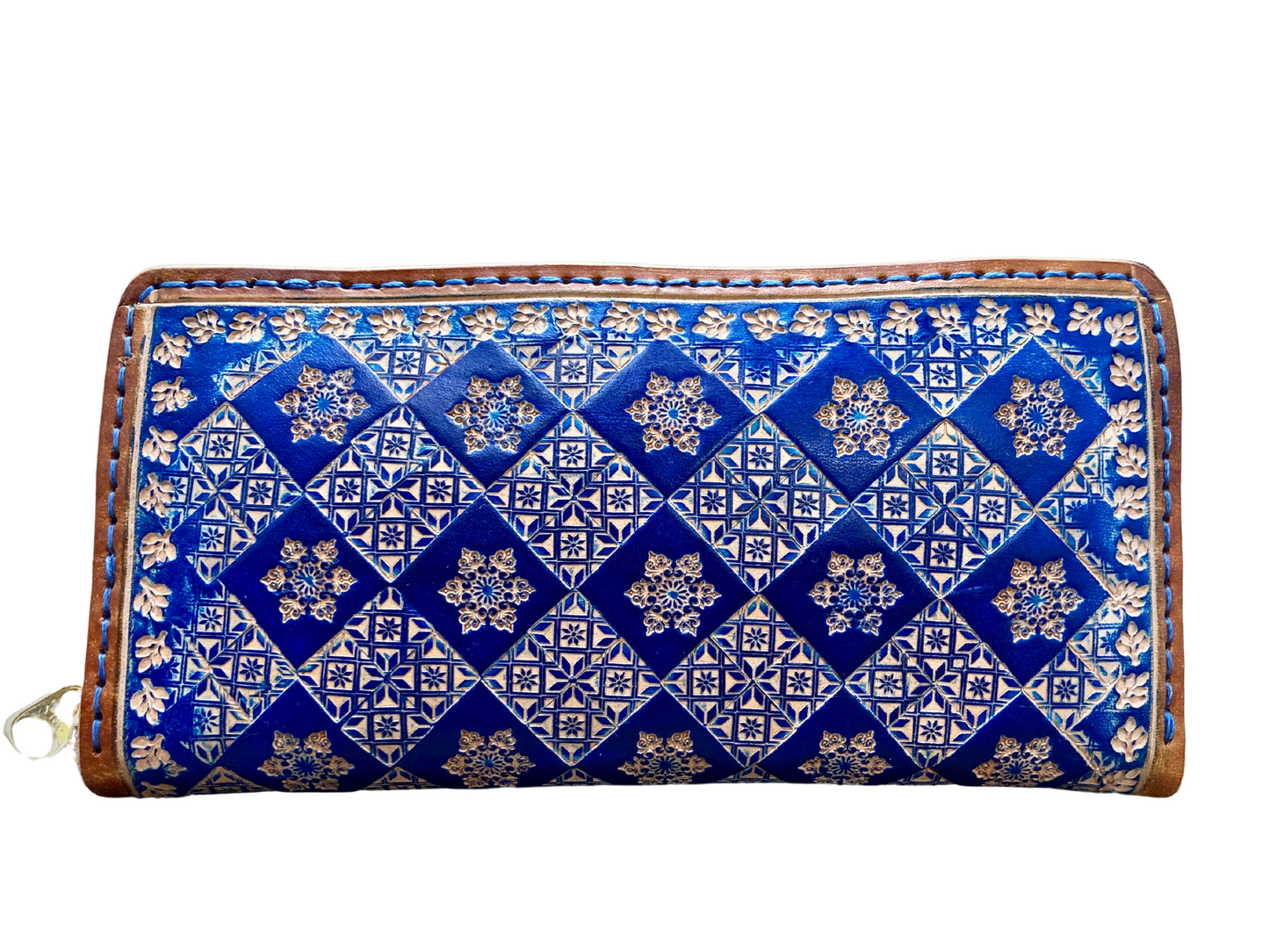 "Blue Ice" round zip nature inspired leather long wallet purse