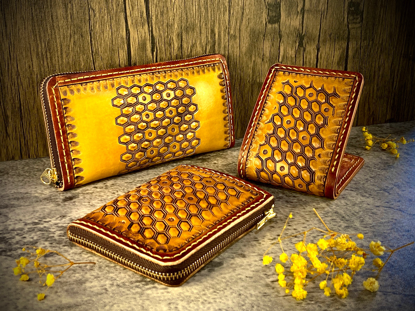 "Bee hive Summer" nature inspired round zip leather long wallet purse
