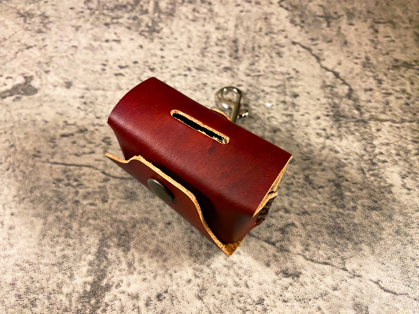 Hand dyed leather poo bag dispenser