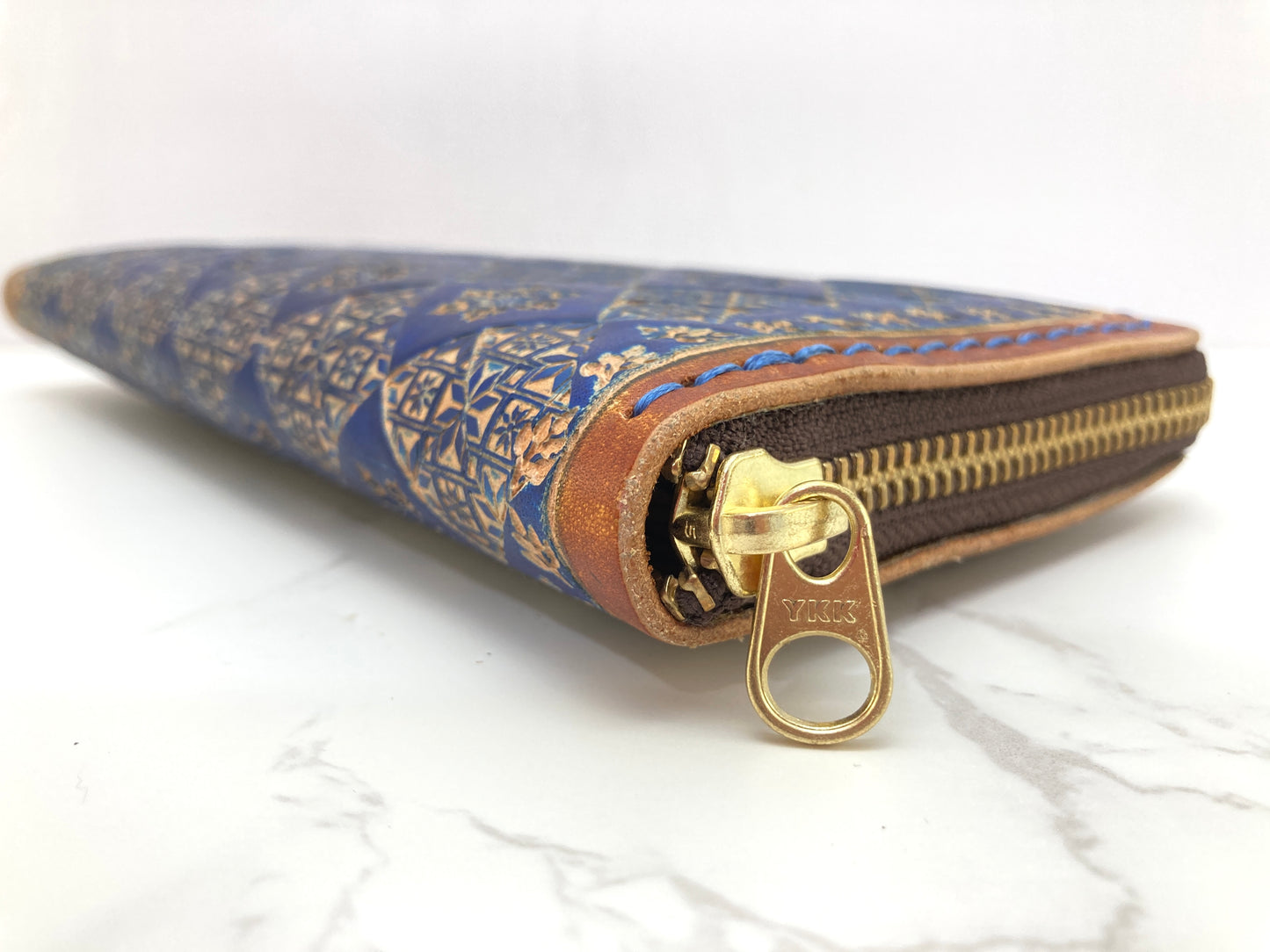 "Blue Ice" round zip nature inspired leather long wallet purse