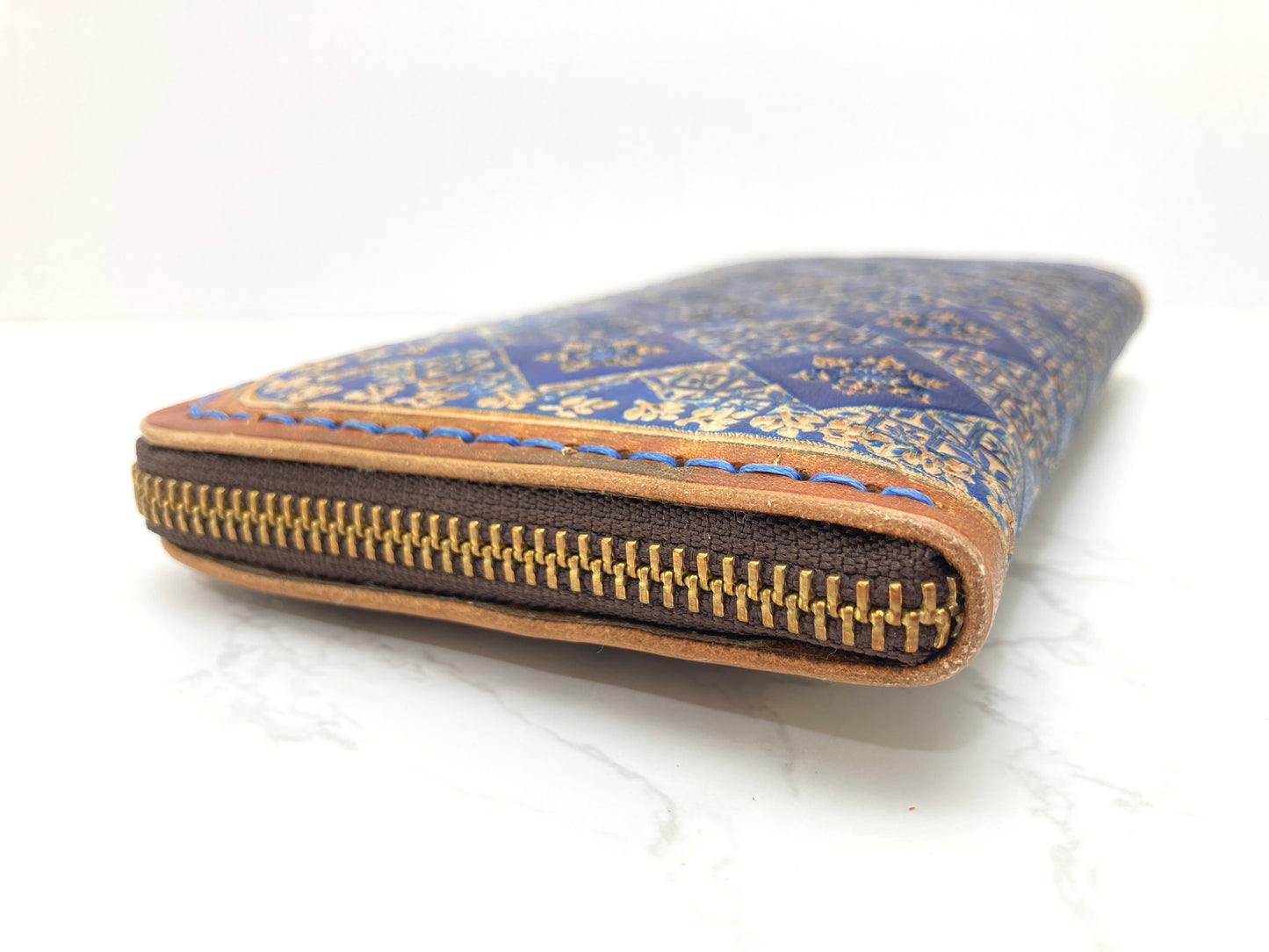 "Blue Ice" round zip nature inspired leather long wallet purse