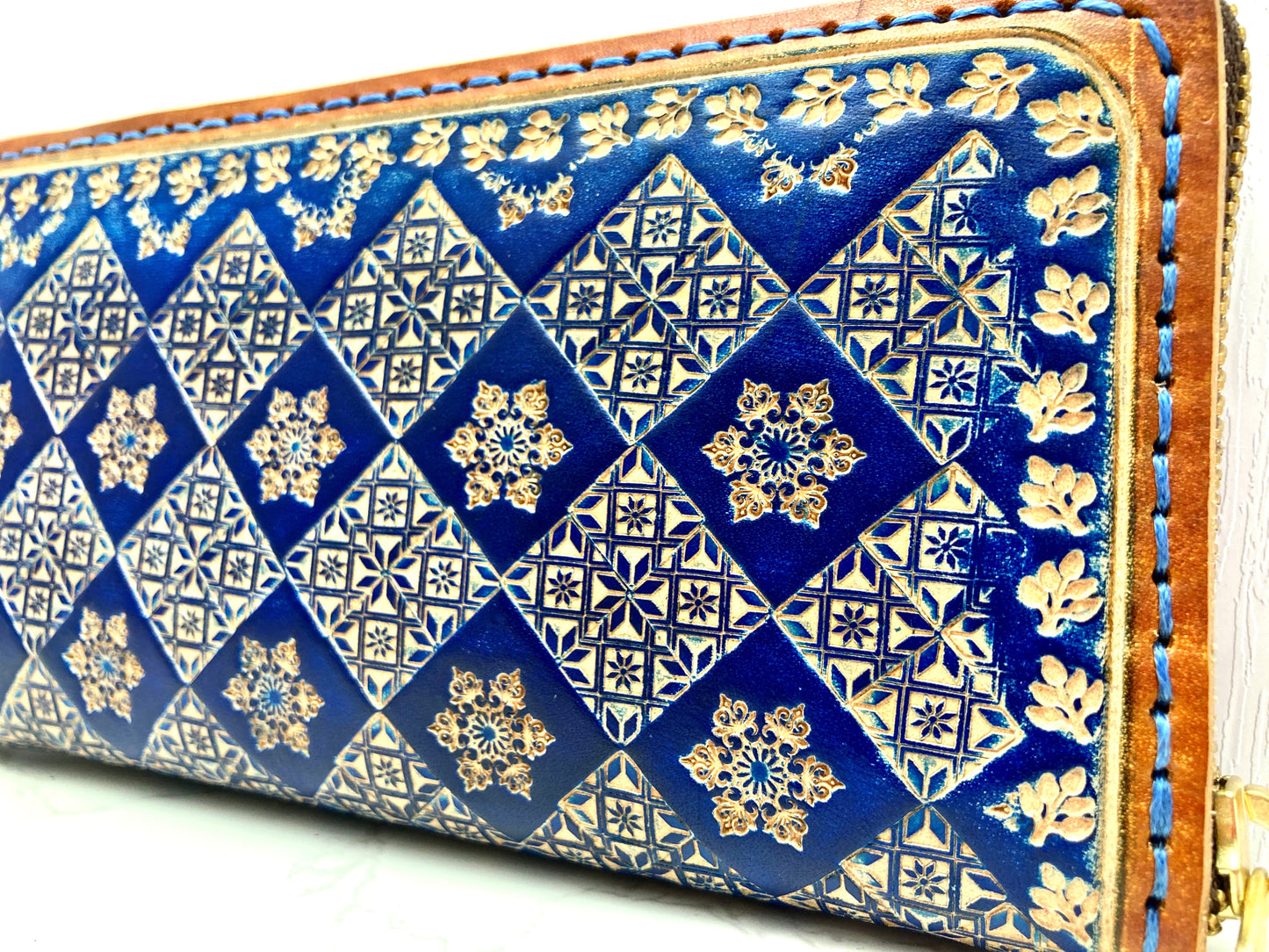 "Blue Ice" round zip nature inspired leather long wallet purse