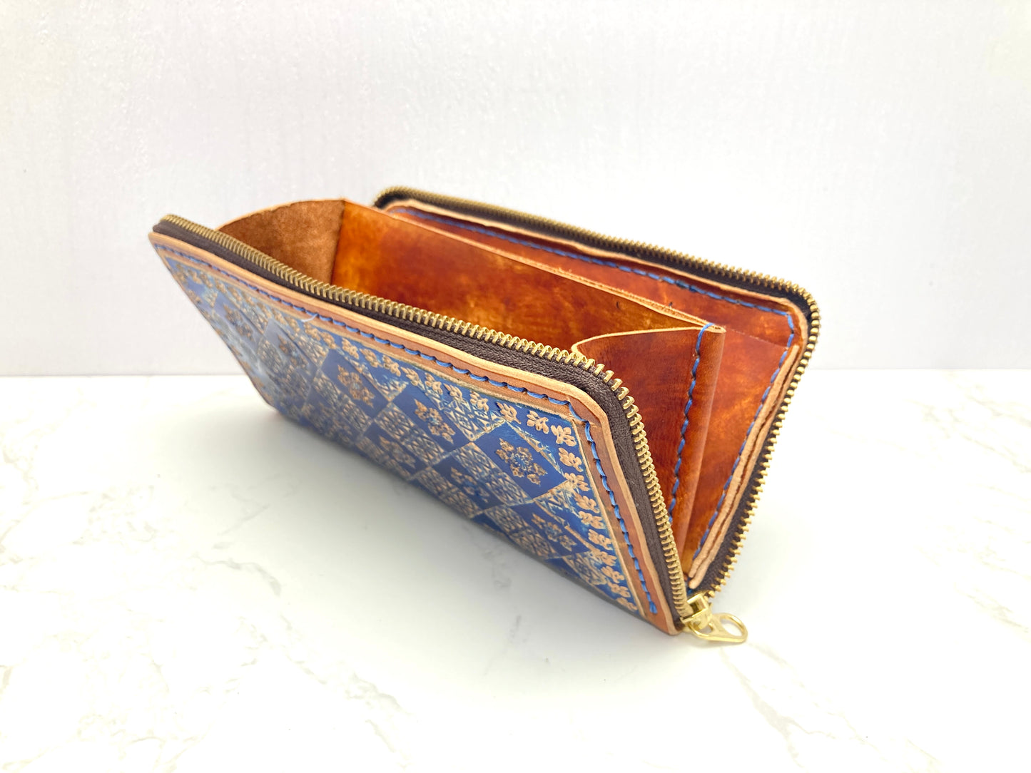 "Blue Ice" round zip nature inspired leather long wallet purse