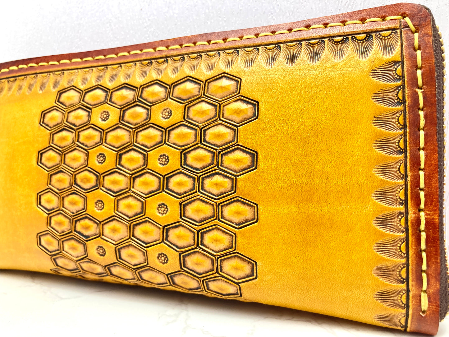 "Bee hive Summer" nature inspired round zip leather long wallet purse