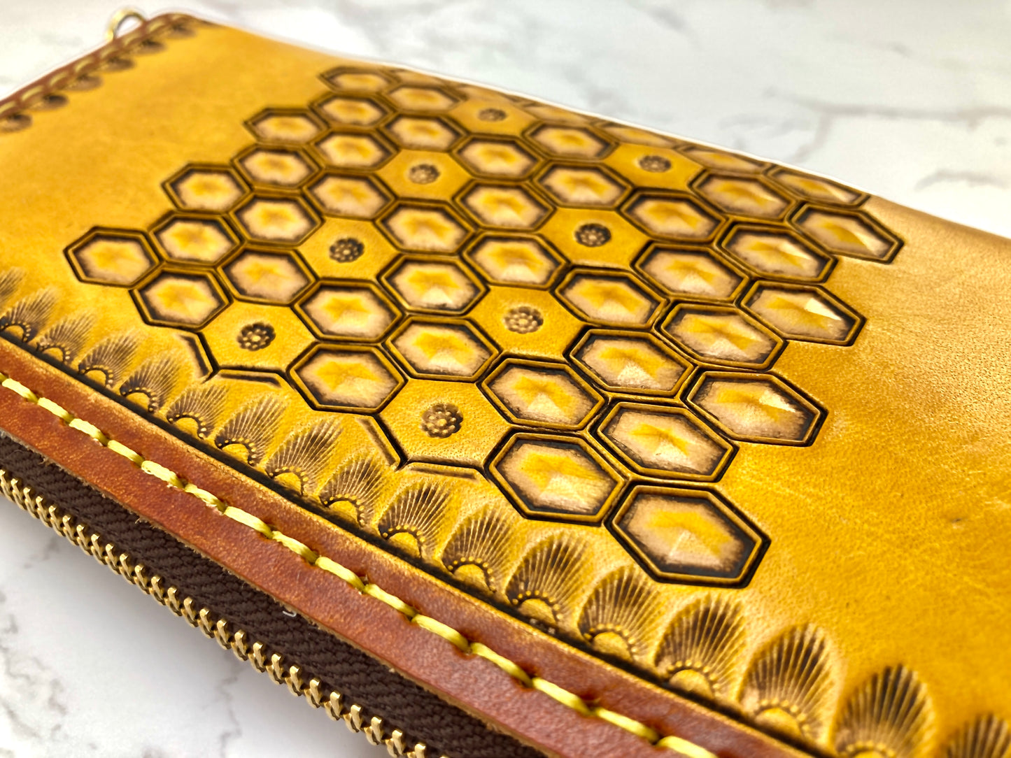 "Bee hive Summer" nature inspired round zip leather long wallet purse