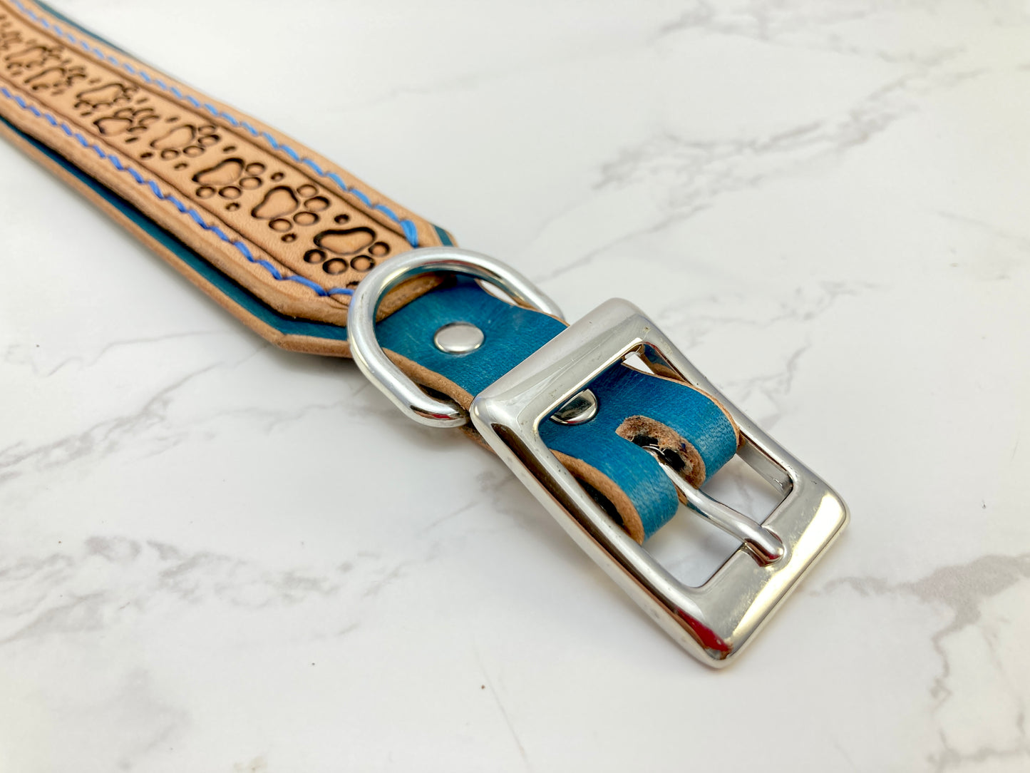 "Paw Print" Hand carved double layered dog collar - Medium - Large