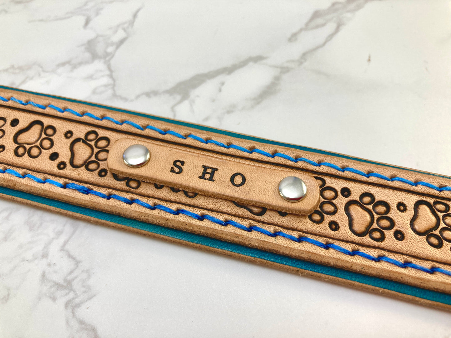 "Paw Print" Hand carved double layered dog collar - Medium - Large
