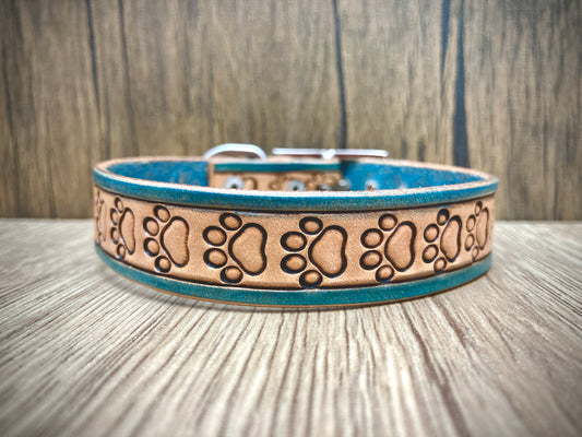"Paw Prints" Hand carved narrow dog collar - Small - Medium