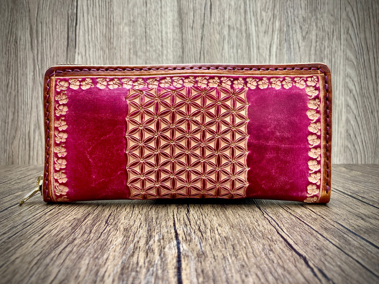 "Flower of life" nature inspired leather zip long wallet purse