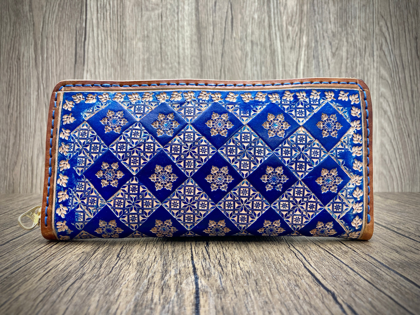 "Blue Ice" round zip nature inspired leather long wallet purse