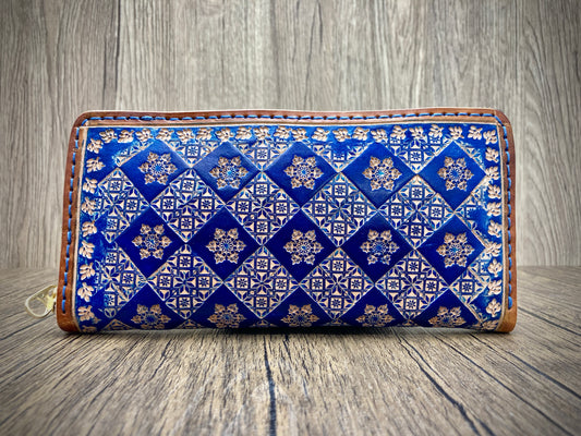 "Blue Ice" round zip nature inspired leather long wallet purse