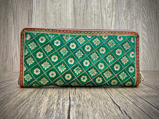 "Green Nature" nature inspired leather zip long wallet purse