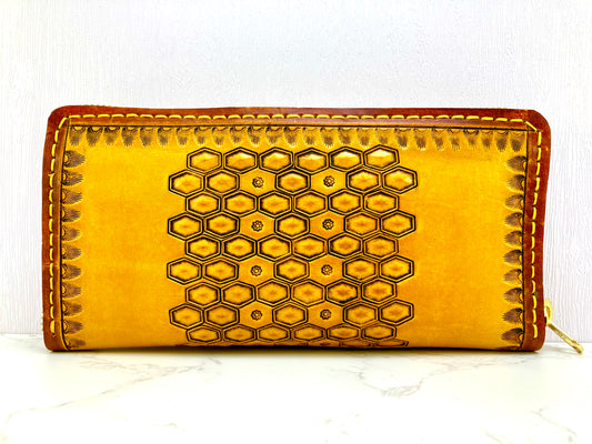 "Bee hive Summer" nature inspired round zip leather long wallet purse