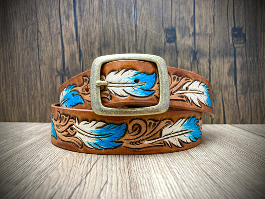Hand painted leather belt - Feathers