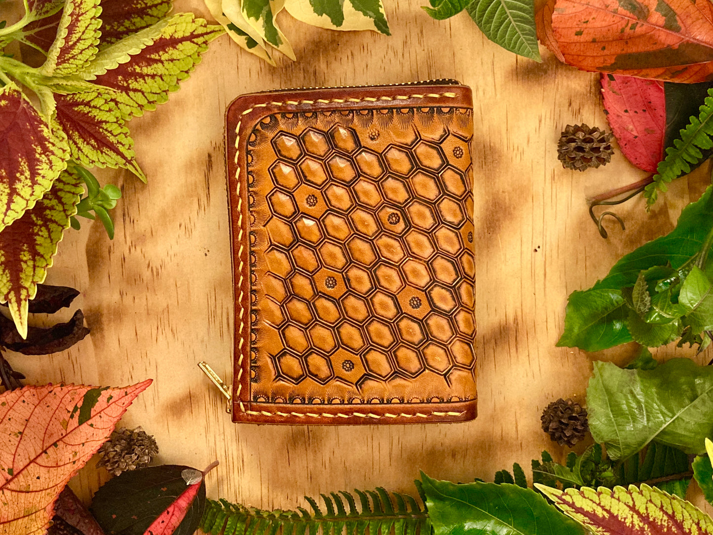 "Bee Hive Summer" Nature inspired leather zip wallet