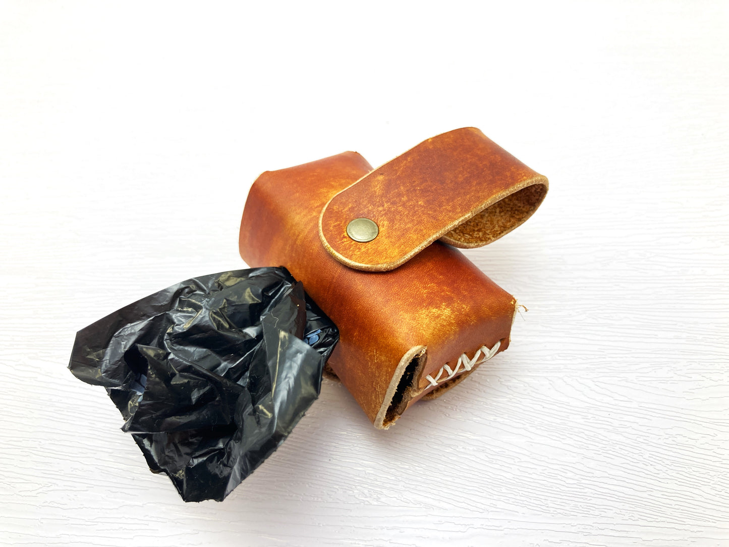 Hand dyed leather poo bag dispenser