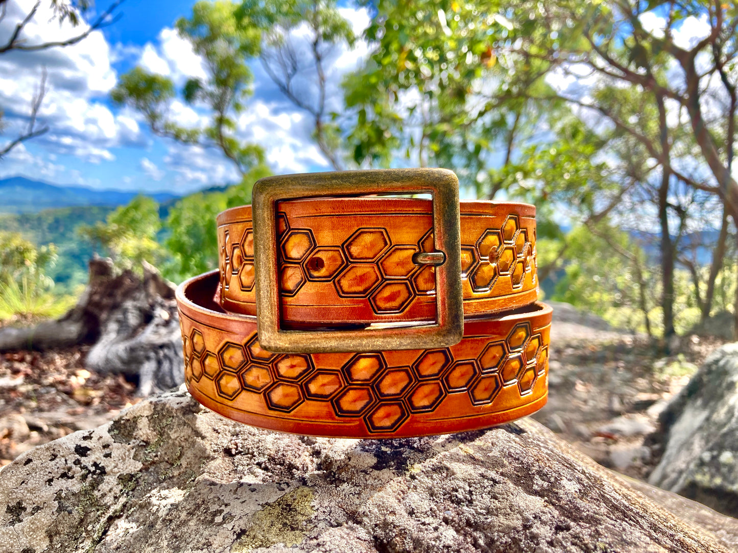 Wild explorer's custom leather belt - Beehive summer