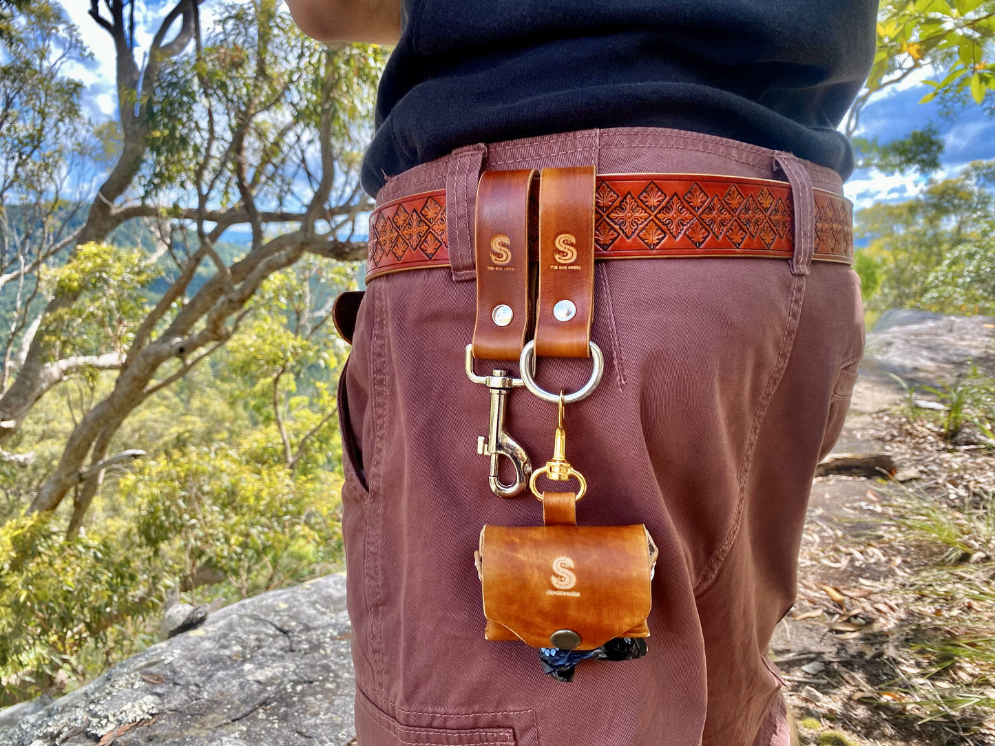 Hand dyed leather poo bag dispenser