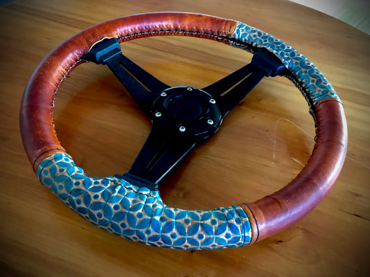 Boho dual tone hand tooled wheel wrap - Geometric