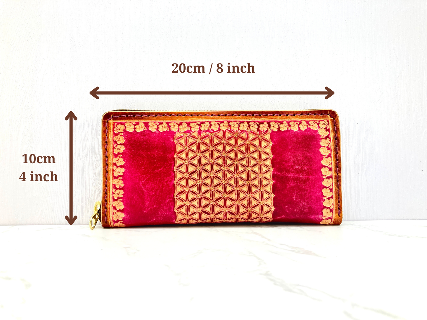 "Flower of life" nature inspired leather zip long wallet purse