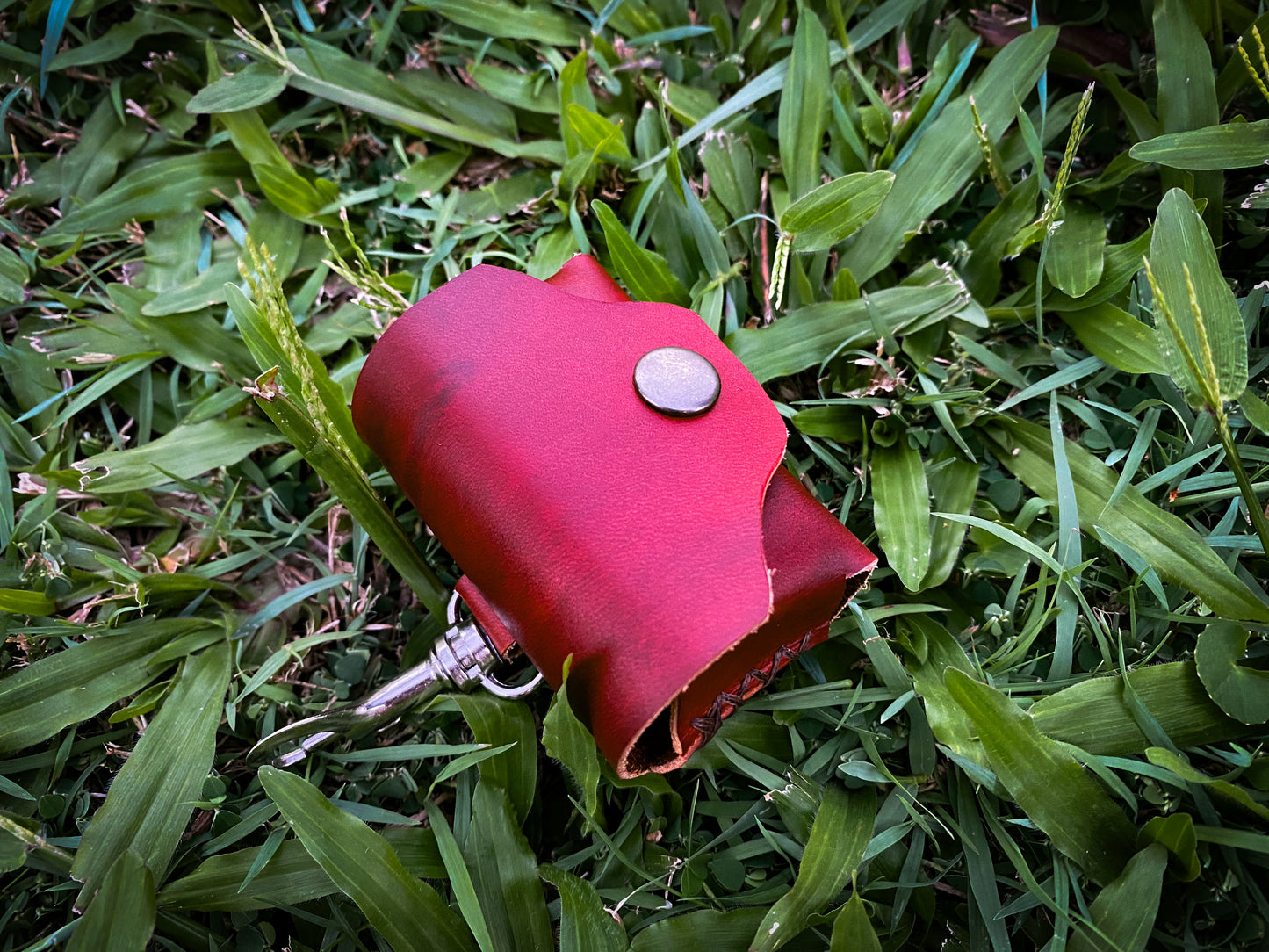 Hand dyed leather poo bag dispenser