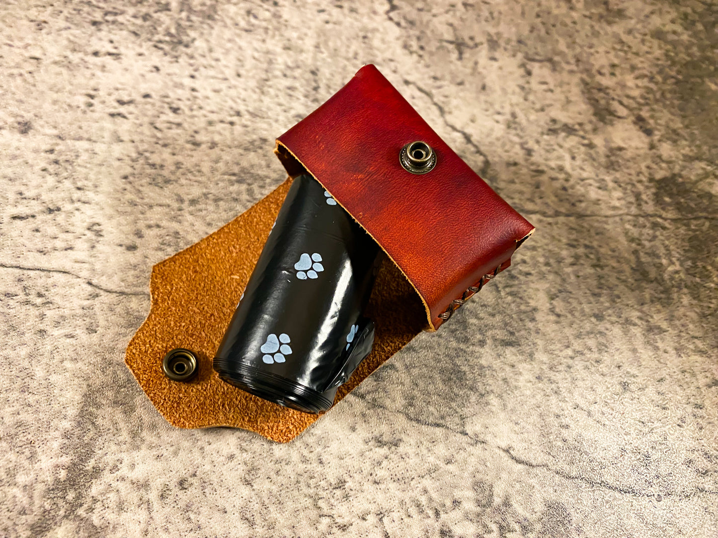 Hand dyed leather poo bag dispenser