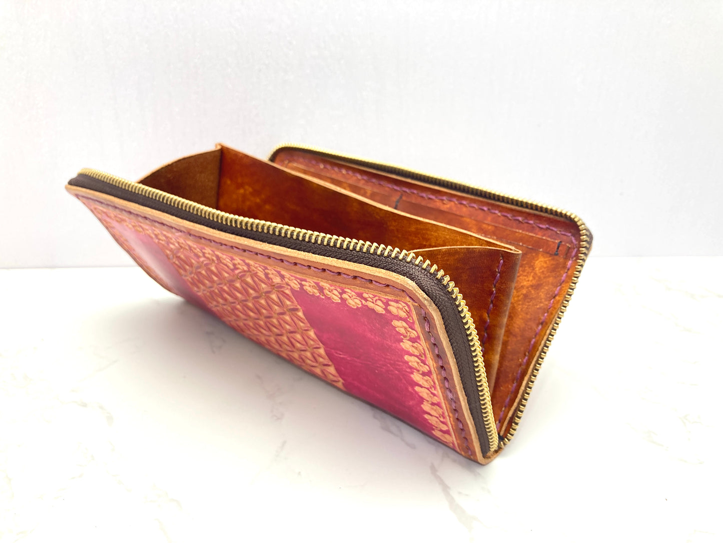 "Flower of life" nature inspired leather zip long wallet purse