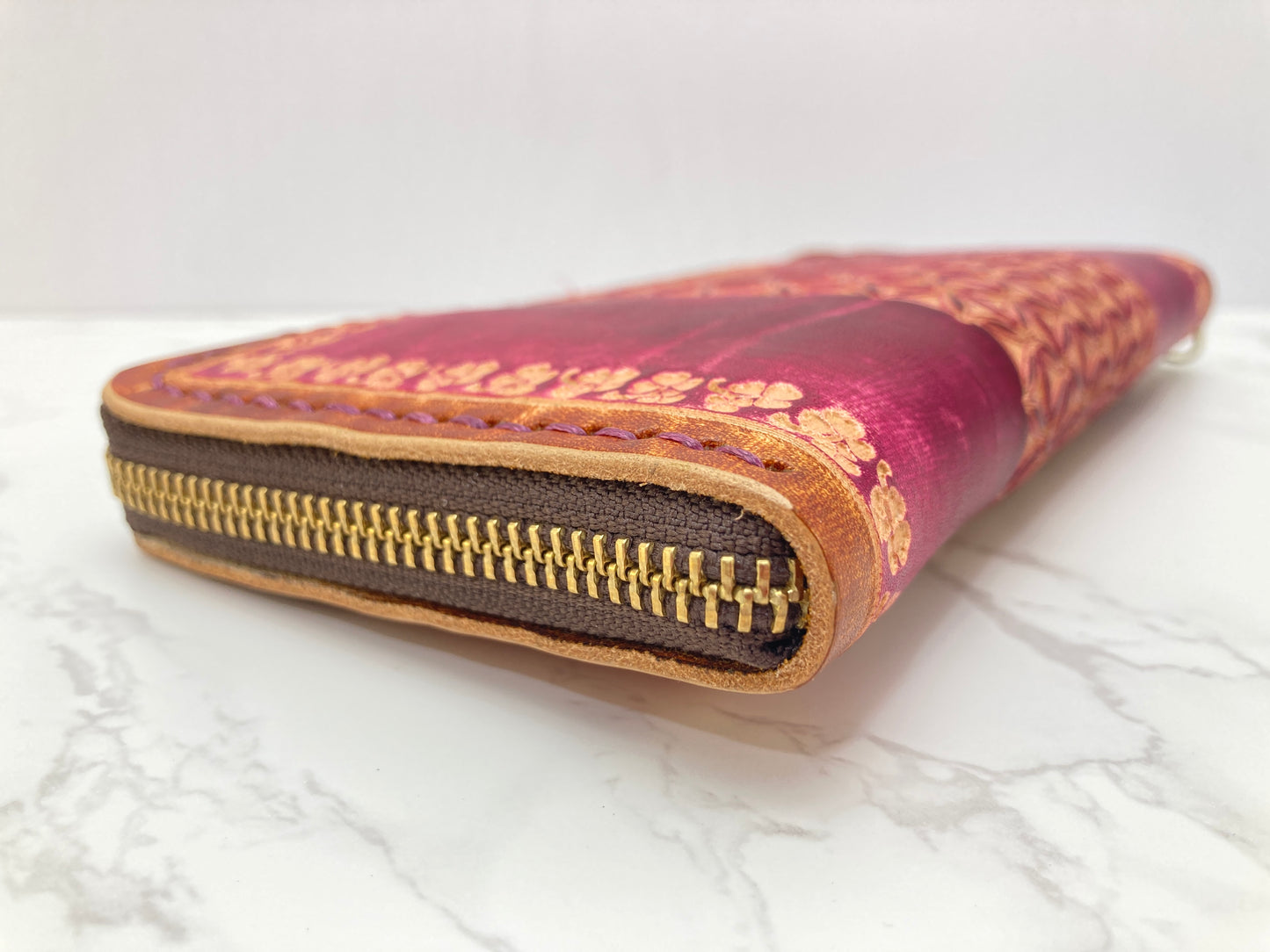 "Flower of life" nature inspired leather zip long wallet purse