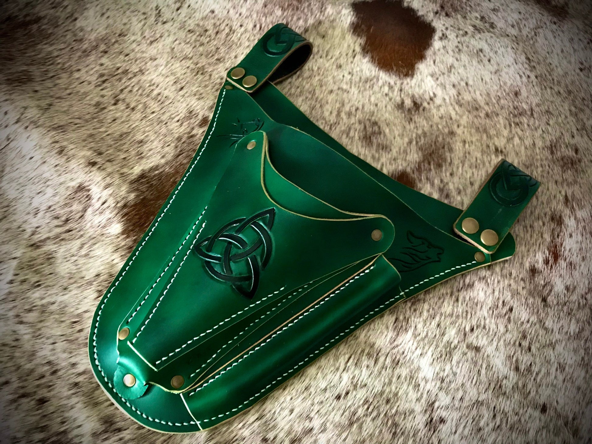 Hand tooled leather belt by The Sho Room - Gardening tool belt green