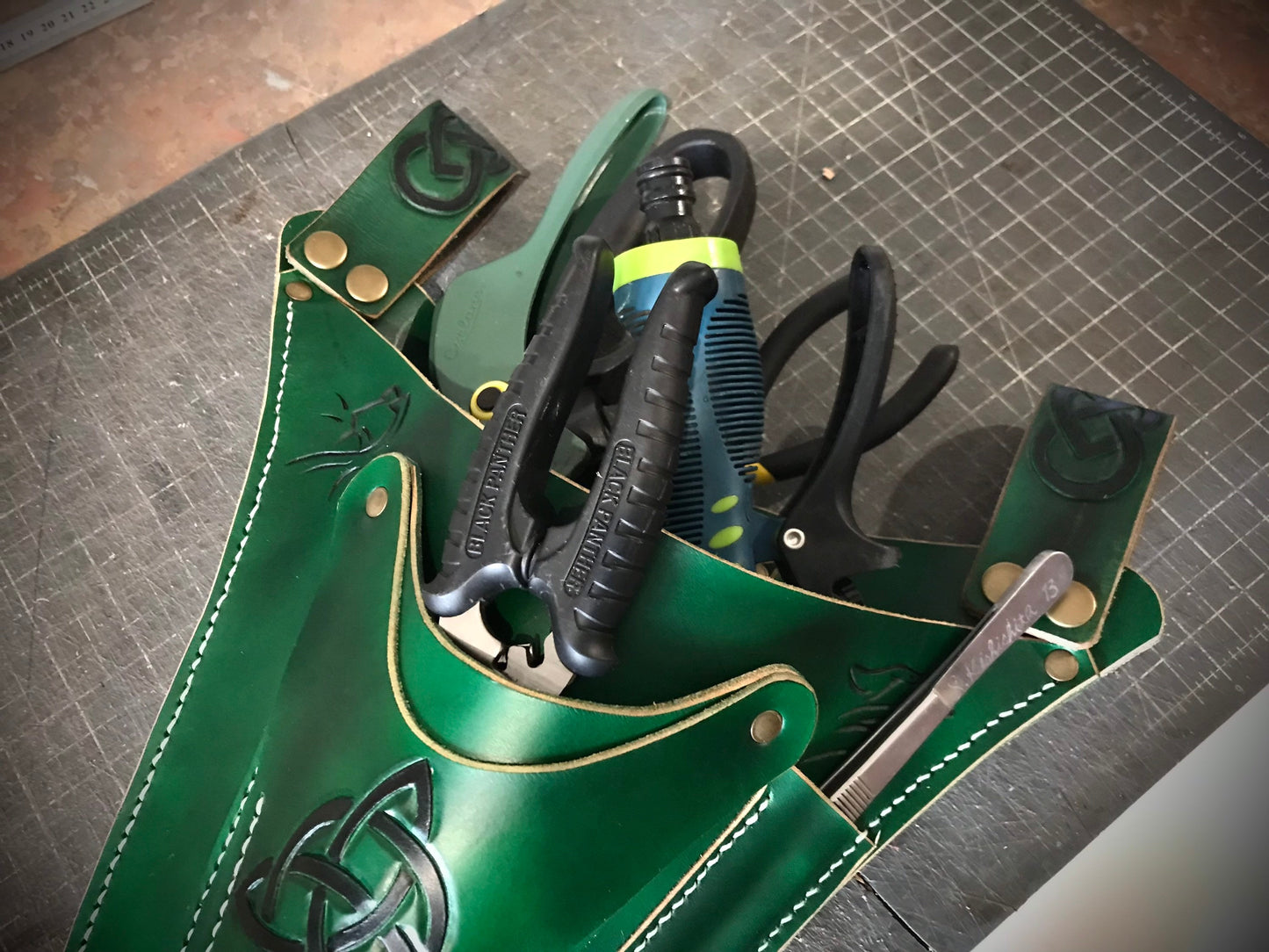 Hand tooled leather belt by The Sho Room - gardeninig tool belt green utility